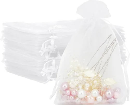 Bolsas de organza, bolsas de organza de 4 x 6, bolsas blancas para recuerdos de boda, 50 bolsas de malla con cordón, bolsas de regalo de joyería,