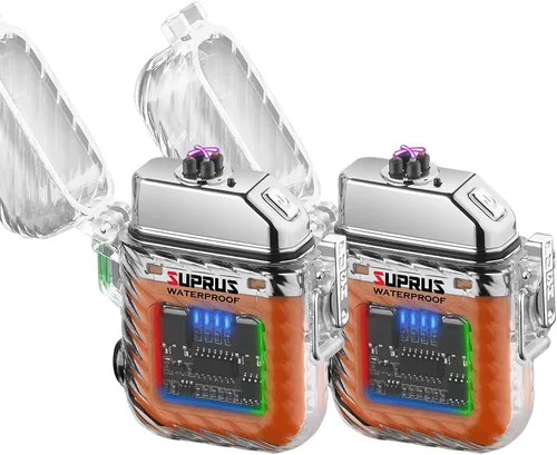 Miniatura 10 de SUPRUS Luminoso 3 modos de linterna resistente al viento, impermeable, encendedor eléctrico recargable de plasma de doble arco con silbato de Naranja
