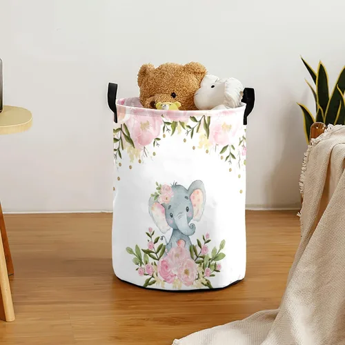 Miniatura 2 de Cestas de lavandería personalizadas de elefante floral rosa con nombre, cesta de almacenamiento de ropa plegable con asa para baño, dormitorio