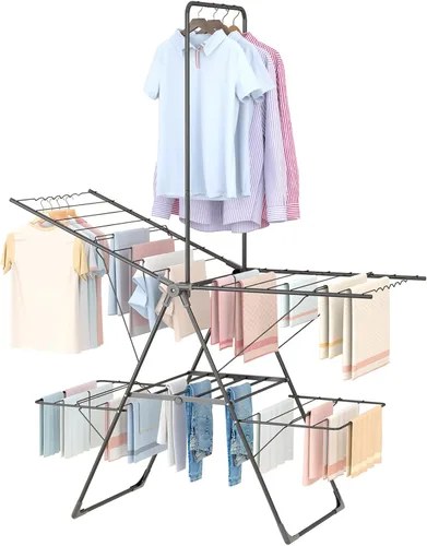 Miniatura 10 de Estante de Secado de Ropa Bigzzia Plegable, Estante de Secado de Ropa de 2 Niveles Grande para Lavandería Plegable, Estante de Secado de Acero Gris