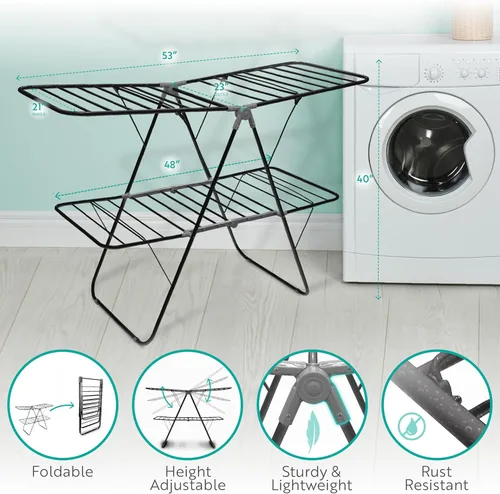 Miniatura 3 de Brookstone Estante plegable de 2 niveles - Soporte plegable para secadora de ropa para interiores y exteriores, estante para ropa o zapatos, Negro