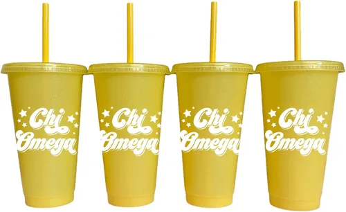 Sorority Shop Chi Omega - Vasos que cambian de color con purpurina, paquete de 4 vasos reutilizables con tapas y popotes