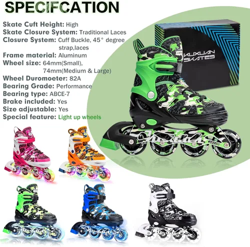 Miniatura 6 de Kuxuan Patines en línea ajustables para niños con ruedas iluminadas, divertidos patines iluminadores para niños, niñas y jóvenes Verde