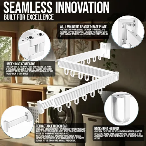 Miniatura 2 de Tendedero de pared para lavandería - Perchero secador de ropa plegable con giro de 180°, capacidad de 220 libras, construcción de aluminio