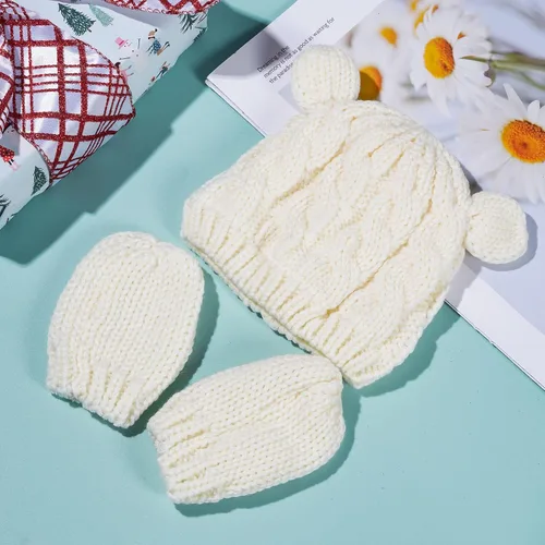Miniatura 5 de Juego de 2 gorros de invierno para recién nacidos, guantes para bebés, niñas y niños pequeños, cálidos sombreros de punto, guantes de otoño