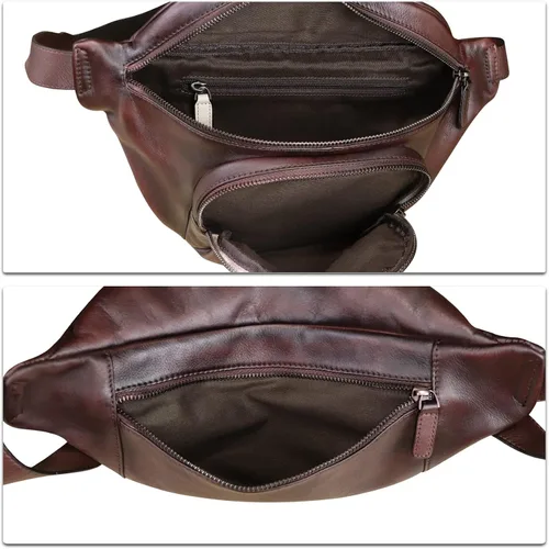 Miniatura 7 de Riñonera de cuero genuino para mujeres y hombres, bolso cruzado de cuero real vintage, bolso cruzado de moda para la cintura, Café, Riñonera