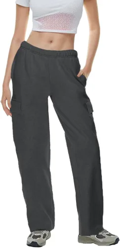 Pantalones deportivos tipo cargo de forro polar para mujer, estilo casual, holgados, pierna ancha, pantalones deportivos con parte inferior abierta