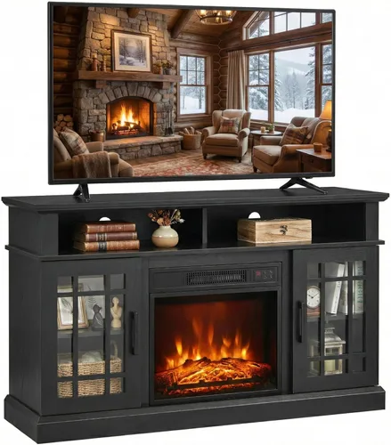 SIMOE Soporte de TV Moderno de 48 Pulgadas con Chimenea Eléctrica, Consola de TV para TVs con Chimenea de 18 hasta 55 Pulgadas con 2 Estantes Negro