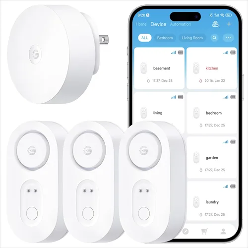 GoveeLife Detector Inteligente de Fugas de Agua Mejorado 1s con Alcance Ultra Largo de 1804 pies, Sensor de Agua WiFi con SMS/Correo