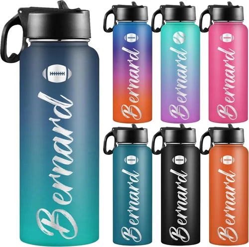 Miniatura 22 de Botellas de agua personalizadas para niñas, de acero inoxidable con aislamiento de doble pared con pajita, botella de agua de color degradado