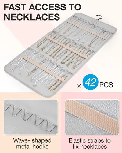 Miniatura 2 de BAGSMART Organizador de joyas colgante rollo de almacenamiento con ganchos de metal de doble cara para aretes, collares, anillos en el armario, Gris