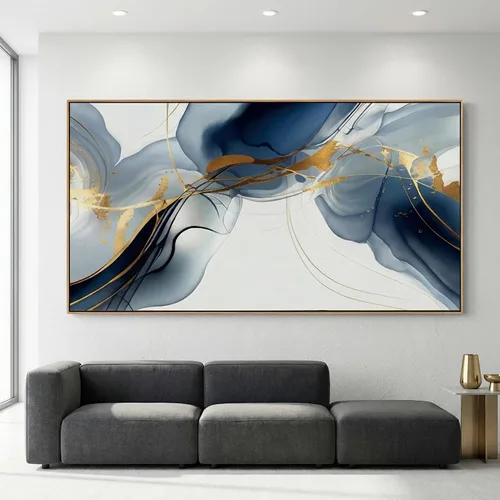 Miniatura 2 de HUADAOART Arte para pared, pintura abstracta, arte moderno, fondo dorado y azul, impresiones en lienzo para sala de estar, dormitorio, obras de arte
