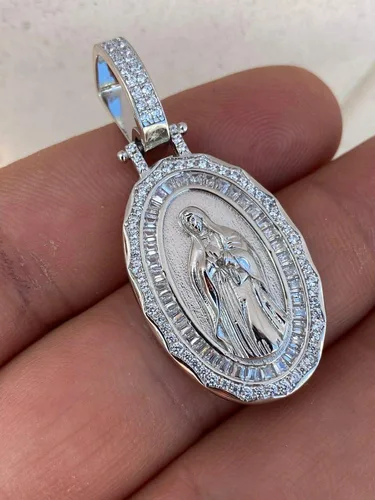 Miniatura 7 de Harlembling Plata de ley 925 maciza acabado de plata natural o oro de 14 quilates colgante de Virgen María para hombres o mujeres medallón