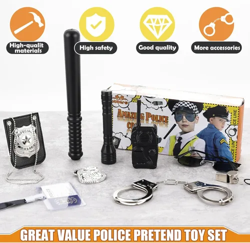 Miniatura 4 de 3 otters Juego de 9 juguetes de policía de simulación, accesorios de policía para niños, incluye insignia, esposas, walkie y más para fiesta