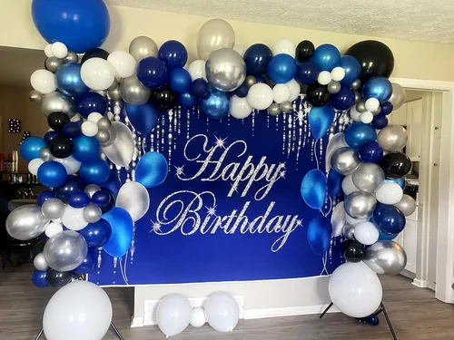 Miniatura 3 de Cartel de fondo de feliz cumpleaños azul marino y plateado para hombres, mujeres, fondo de fotografía de jubilación, suministros de decoración
