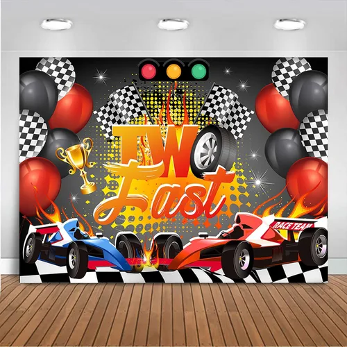 Mocsicka Telón de fondo de cumpleaños de Two Fast Cars para fiestas temáticas de carreras para niños y niños, globo rojo de carreras de coche de