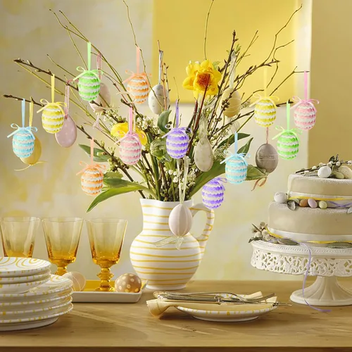 Miniatura 6 de 30 huevos de lentejuelas colgantes de Pascua, adornos de huevos de Pascua de 1.6 pulgadas con lazo, adornos de árbol de huevo colgantes de primavera