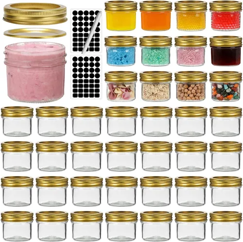 Miniatura 11 de Paquete de 40 tarros de vidrio de 4 onzas con tapas negras, mini tarro de boca regular, tarros de conservas para miel, mermelada, gelatina, recuerdo