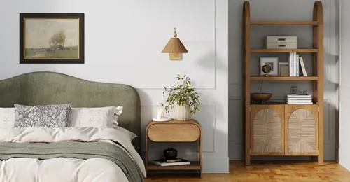 Miniatura 8 de Nathan James Celeste - Lámpara de pared de ratán, moderna lámpara de pared para casa de campo, lámpara de lectura para mesita de noche con pantalla