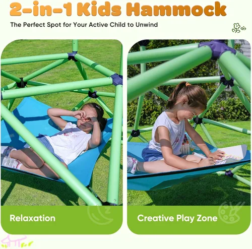 Miniatura 6 de Zupapa Monkey Bars Cúpula de Escalada con Hamaca - Gimnasio de la Jungla Resistente y Portátil con Hamaca para Niños, Conjunto de Juegos de Patio