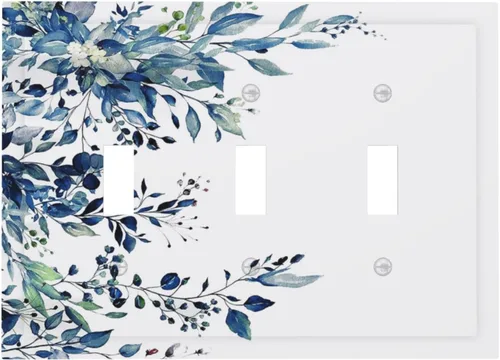 Miniatura 37 de Cubiertas de Salida Triple Basculante con Hojas de Plantas de Eucalipto Azul en Acuarela Floral, Placa Frontal Decorativa de 3 Posiciones, Cubierta