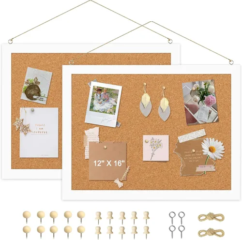 Miniatura 11 de Tablero de corcho de doble cara con lino, tablero de anuncios pequeño con marco de madera colgante de 12 x 12 pulgadas, kit de tablero de visión