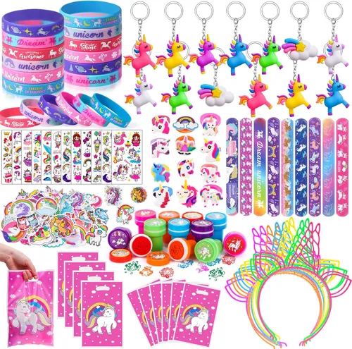 Winrayk 146 piezas Suministros de Fiesta de Cumpleaños de Unicornio para Niñas, Cinta para la Cabeza, Bolso, Pulsera, Sellador, Llavero, Pulsera