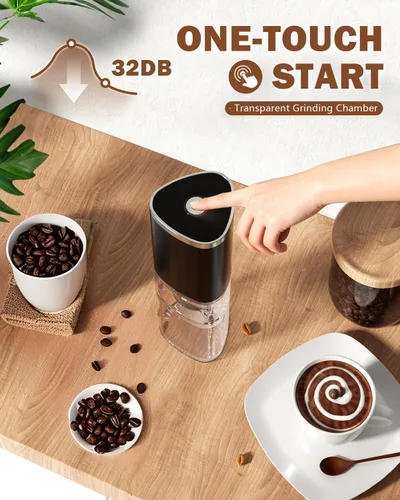 Miniatura 3 de Molinillo de café eléctrico portátil, diseño ergonómico de ajuste de palma para un agarre cómodo, carga inalámbrica USB tipo C, ajustes de molienda