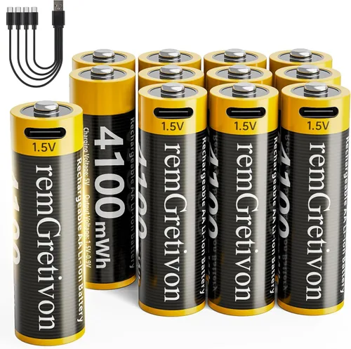 Miniatura 9 de Paquete de 4 baterías AA recargables USB C, batería de iones de litio de salida constante de 4100 mWh, 1.5 V, carga rápida de 2.5 horas