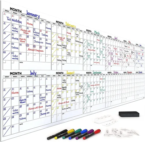 Planificador mensual de borrado en seco extra grande de 100"x36" – Calendario de pizarra blanca de 12 meses incluye 6 marcadores de pizarra blancos,