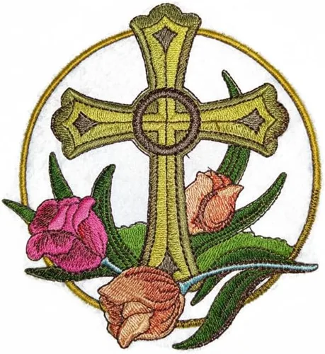 [Personalizado] Santa Cruz Sagrada con Recompensa de la Naturaleza [Cruz y Tulipán] Bordado Hierro/Coser Parche [5" x 5.15"][Hecho en Estados Unidos]