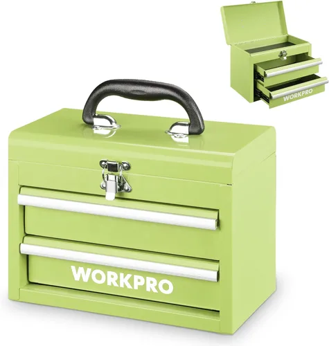 WORKPRO Mini caja de herramientas portátil, 2 cajones de metal con rodamientos de bolas, almacenamiento superior con pestillo, mango de transporte