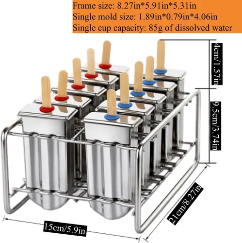 Miniatura 2 de 10 moldes de acero inoxidable para paletas y moldes de paletas de helado con 10 máquinas cuadradas para hacer paletas de hielo + 100 palos de bambú