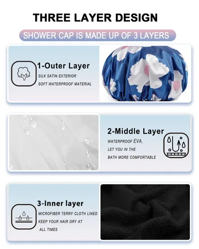 Miniatura 3 de YIZIJIZI Gorro de ducha con forro de rizo, gorro grande de tres capas para mujer, gorro de ducha reutilizable e impermeable, para cabello largo