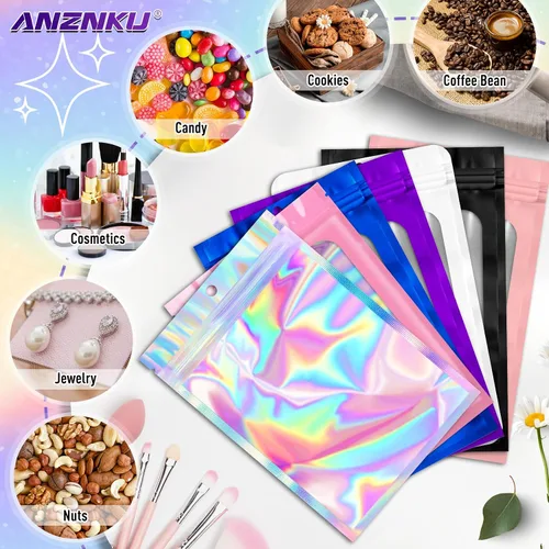 Miniatura 6 de ANZNKU 300 bolsas holográficas de Mylar resellables, bolsas resellables de 4x6 pulgadas para pequeñas empresas, bolsa de kit para resaca a prueba