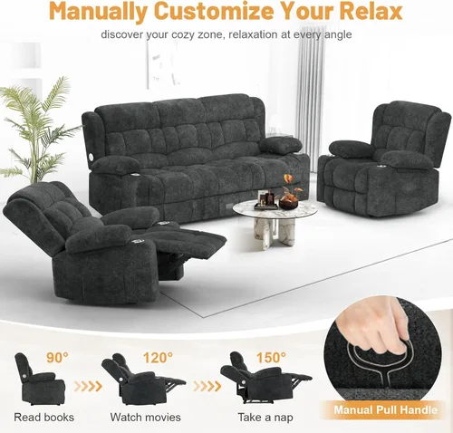Miniatura 7 de Dresegmt Juego de sofá reclinable loveseat, diseño de respaldo medio abatible, sofá reclinable de 3 plazas y 2 sillas reclinables individuales