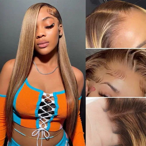 Miniatura 16 de 200% de densidad 13X6 Peluca de encaje frontal con reflejos ombre de pelo humano para mujeres, peluca de encaje frontal color naranja rojizo