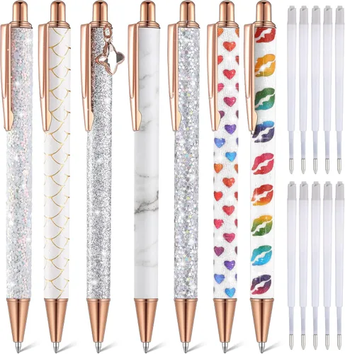 Miniatura 12 de Sherr 7 bolígrafos elegantes para mujer, lindos bolígrafos de purpurina brillantes con 10 recambios de tinta negra, bonitos regalos para niñas