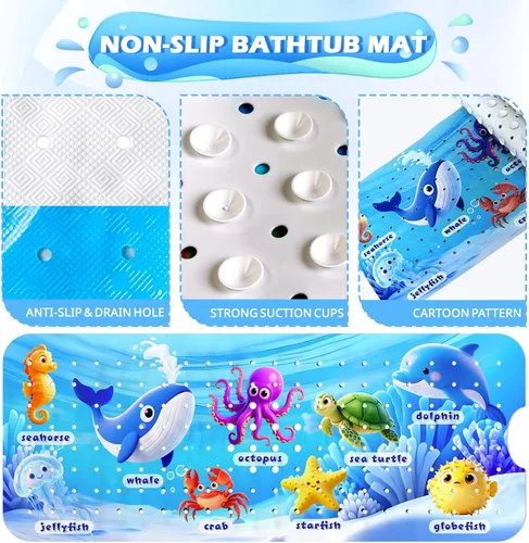 Miniatura 2 de Tapete de baño antideslizante para niños, tapete de baño antideslizante para niños de 40 x 16 pulgadas de largo para bañera con ventosas seguras