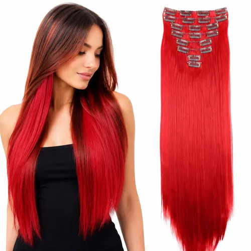 Miniatura 14 de CAISHA XXL - Juego de 8 extensiones de cabello con clip de 24 pulgadas, extensiones de cabello lacio rojo burdeos CES10