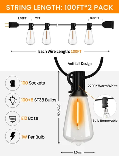 Miniatura 2 de Guirnalda de luces LED para exteriores ST38 de 200 pies, impermeables, con 106 bombillas vintage inastillables (6 de repuesto), luces Edison