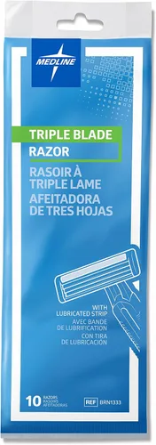 Miniatura 3 de Medline Maquinillas de afeitar faciales desechables con cuchillas triples y tira de lubricación, ideales para pieles sensibles, color azul, paquete