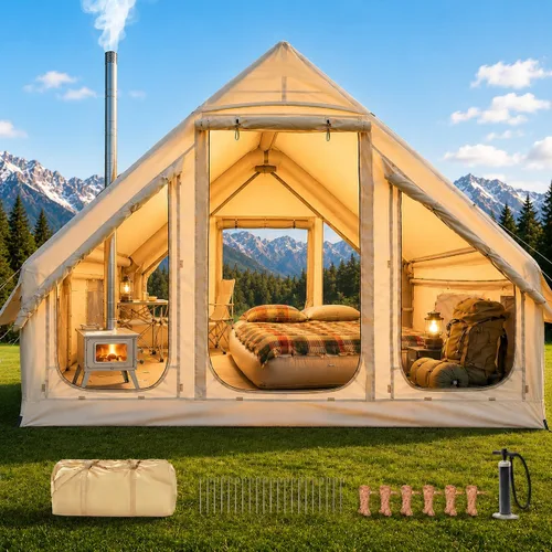 Carpas inflables para acampar, carpa súper fácil de inflar con bomba manual, tela Oxford impermeable y gato de estufa, carpas de aire espaciosas