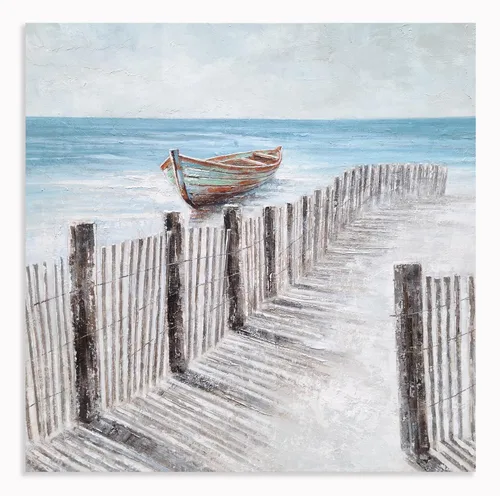 Yihui Arts - Lienzo decorativo para pared de playa con diseño de bote azul y gris costero náutico cuadrado, pintura artística para decoración