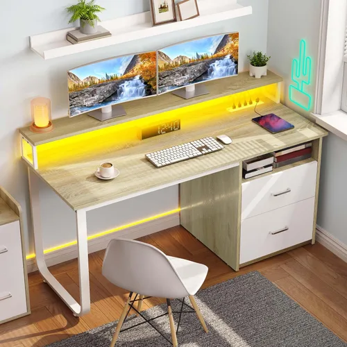Miniatura 8 de YITAHOME Escritorio para computadora con cajones, escritorio de oficina de 47.2 pulgadas con tomas de corriente y luz LED, escritorio de oficina