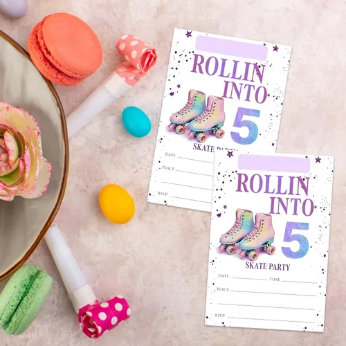 Miniatura 3 de 5ª invitaciones de cumpleaños para fiestas de patinaje sobre ruedas para niñas y niños, tarjetas de invitación de patines rosas con sobres, 20