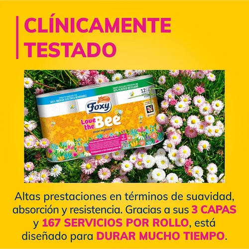 Miniatura 4 de Foxy Love The Bee 3 capas Papel higiénico 48 rollos 167 servicios por rollo Certificado FSC Energía eléctrica 100% renovable Paquete