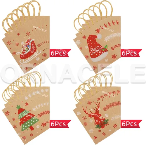Miniatura 2 de ORNACELE 24 piezas de bolsas de regalo de Navidad surtidas - Pequeñas bolsas de papel kraft con asas e impresiones navideñas para envolver regalos