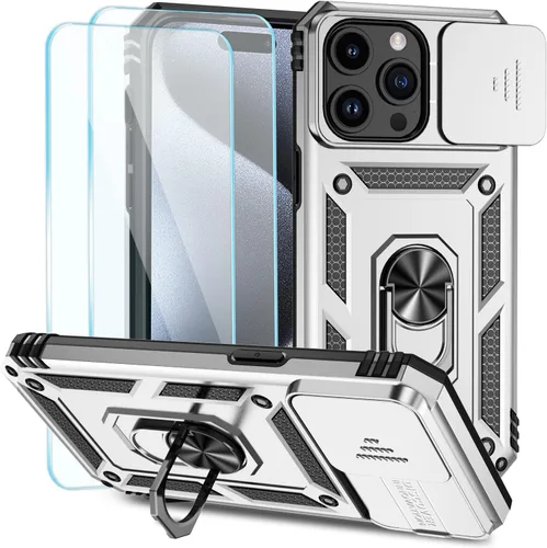 Miniatura 30 de SunStory Funda compatible con iPhone 15 con protector de pantalla HD, cubierta de cámara deslizante y soporte de anillo giratorio, [grado militar]