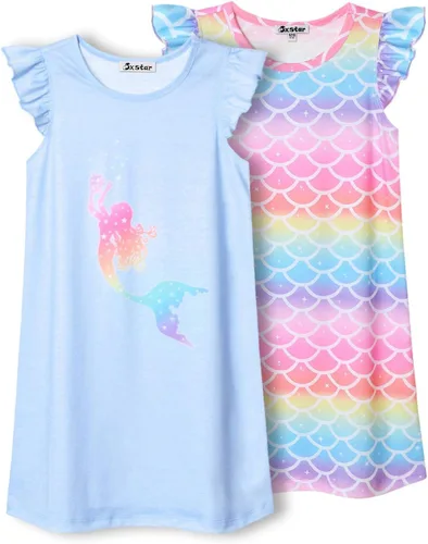 Miniatura 7 de Jxstar Paquete de 2 camisones para niñas, pijamas de manga con vuelo, vestidos de noche de algodón